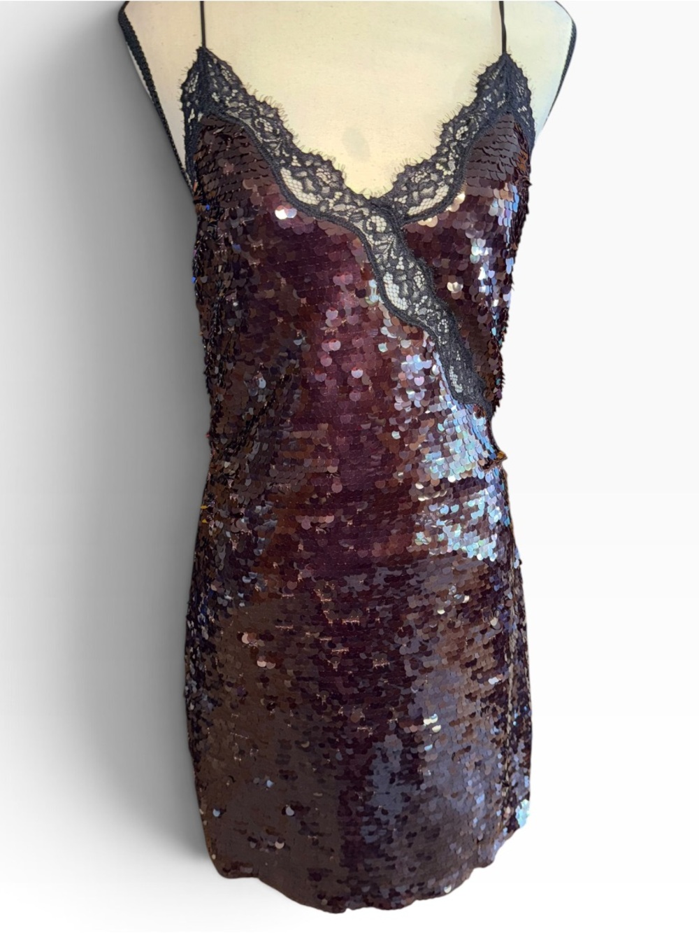 Astr Iridescent Burgundy Sequin Slip Dress with Black Lace